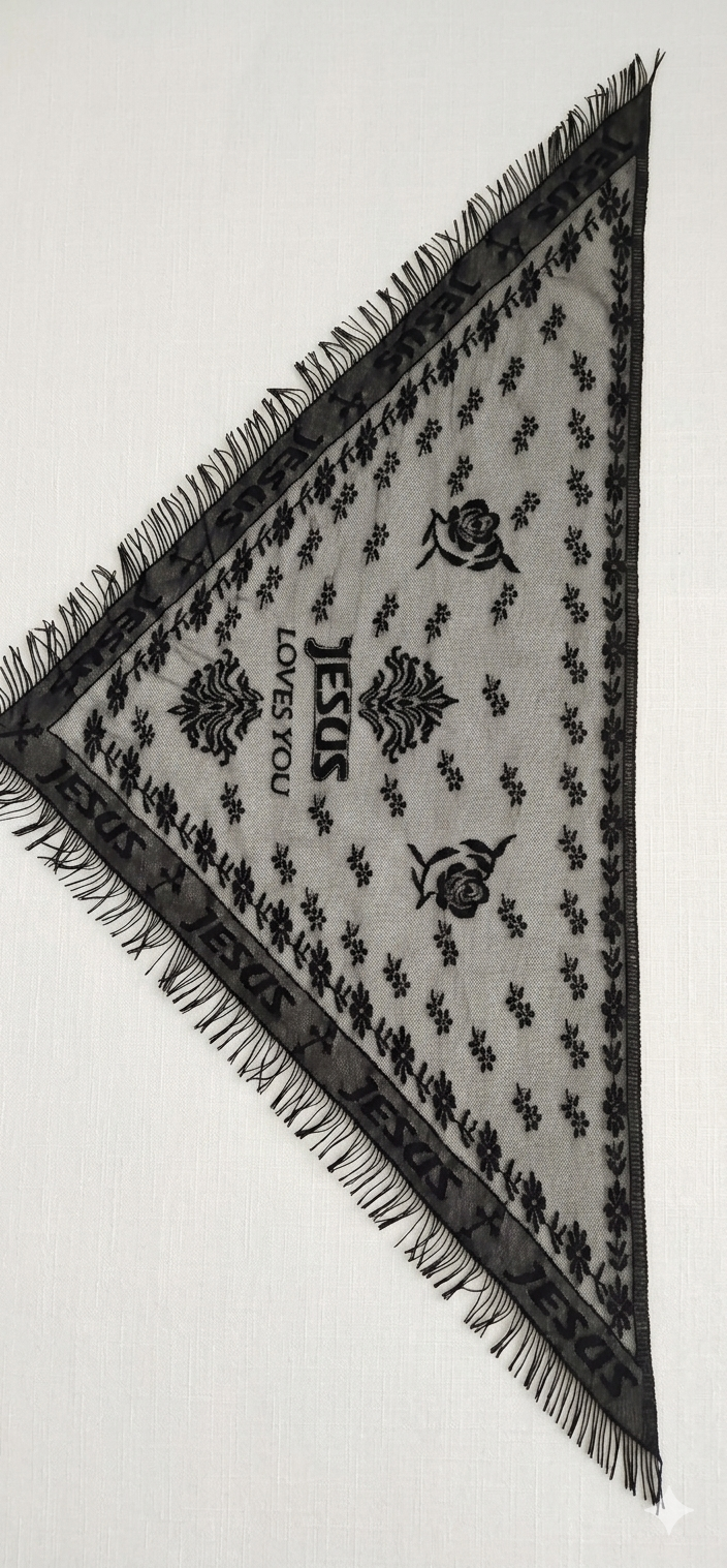 Premium Quality Women’s Black Lace Christian Triangle Scarf - Premium "Jesus Loves You" Christian Embroidered Stole with Fringe | Christian scarf | Catholic scarf | Prayer scarf | Church scarf | Head scarf | Christian Accessories| Veil | Mantilla