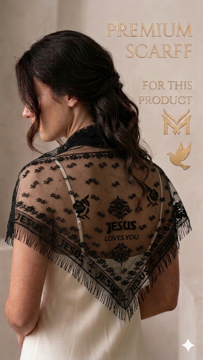 Premium Quality Women’s Black Lace Christian Triangle Scarf - Premium "Jesus Loves You" Christian Embroidered Stole with Fringe | Christian scarf | Catholic scarf | Prayer scarf | Church scarf | Head scarf | Christian Accessories| Veil | Mantilla