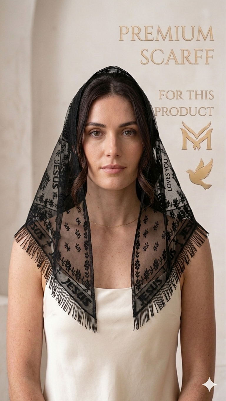 Premium Quality Women’s Black Lace Christian Triangle Scarf - Premium "Jesus Loves You" Christian Embroidered Stole with Fringe | Christian scarf | Catholic scarf | Prayer scarf | Church scarf | Head scarf | Christian Accessories| Veil | Mantilla