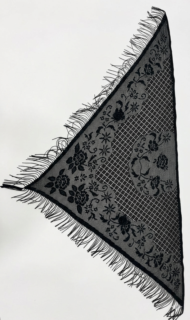 Vintage-Style Black Lace Triangular Mantilla Shawl with Fringe | Sheer Floral Lace Head Scarf & Wrap