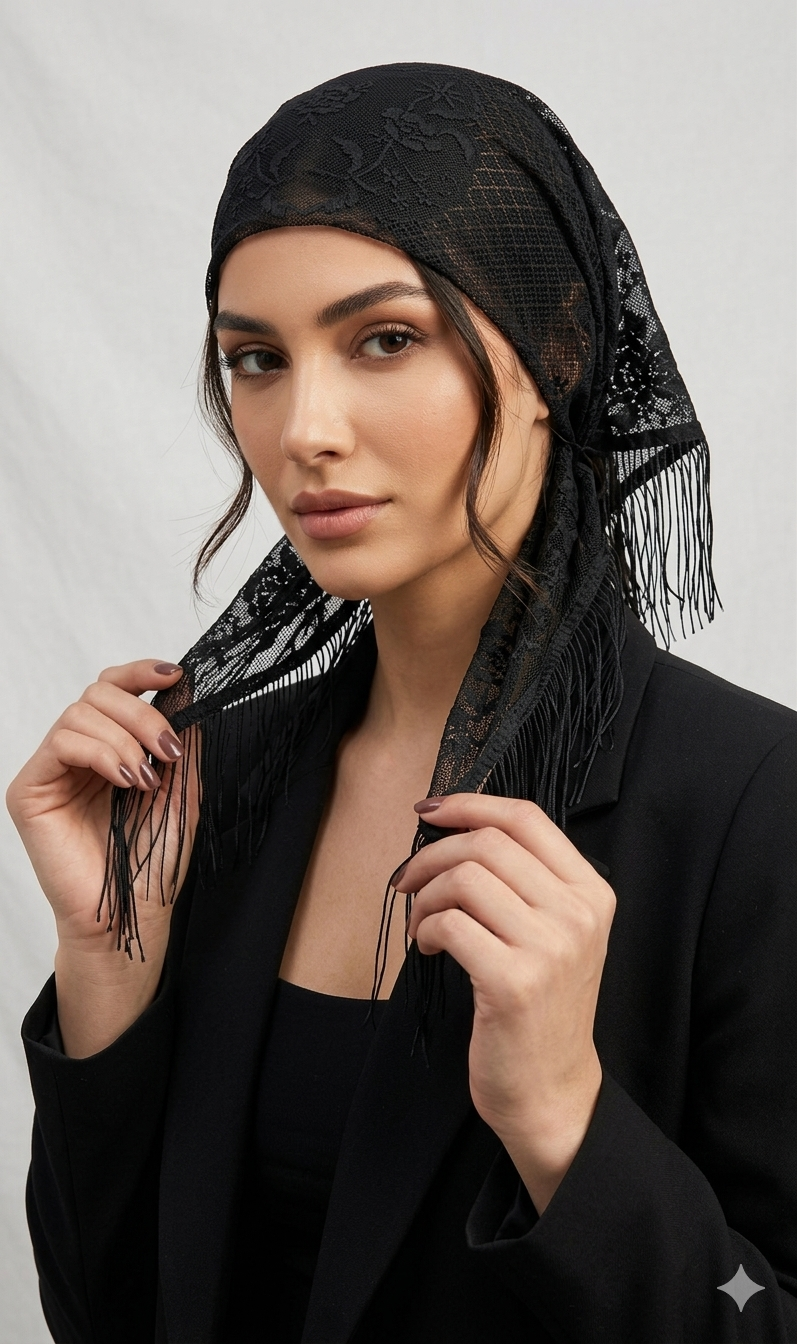 Vintage-Style Black Lace Triangular Mantilla Shawl with Fringe | Sheer Floral Lace Head Scarf & Wrap
