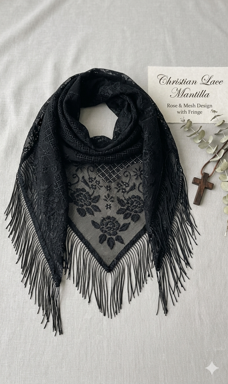 Vintage-Style Black Lace Triangular Mantilla Shawl with Fringe | Sheer Floral Lace Head Scarf & Wrap