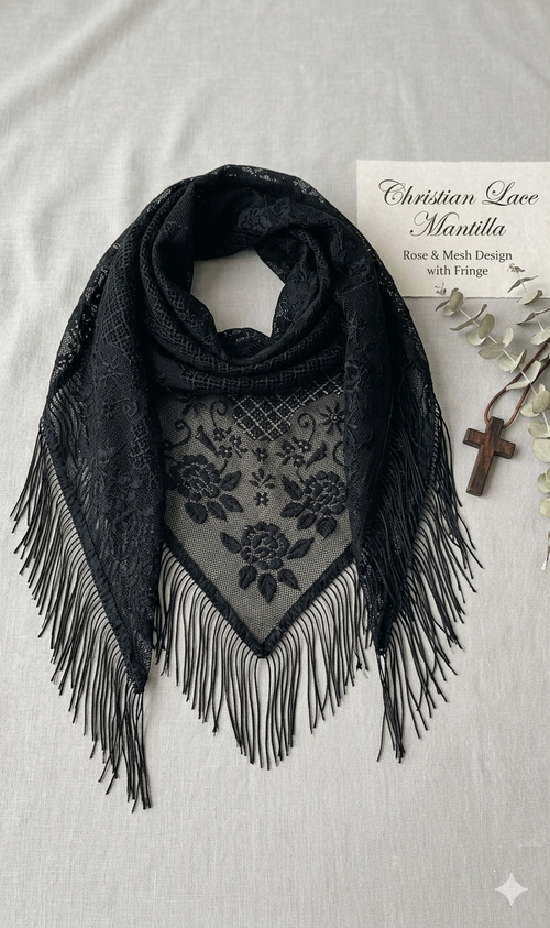 Vintage-Style Black Lace Triangular Mantilla Shawl with Fringe | Sheer Floral Lace Head Scarf & Wrap